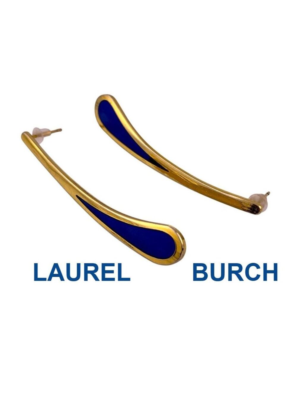 Laurel Burch Gold Tone Blue Enamel Long Dangle Teardrop Earrings Vintage 2-1/8"